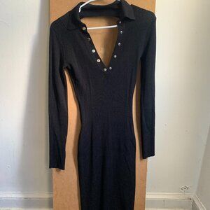 Ribbed Black Button-Front Midi Dress – Collared & Long Sleeve
